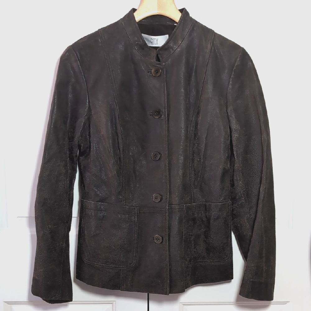 DKNY Dark Brown Leather Button-Front Jacket